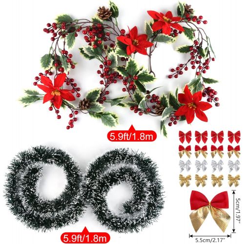  KUUQA 5.9FT Red Berry Christmas Garland Christmas Flowers Decorations Garland, Artificial Poinsettia Garland, Christmas Pine Garland with Christmas Bows for Xmas Fireplace Decor