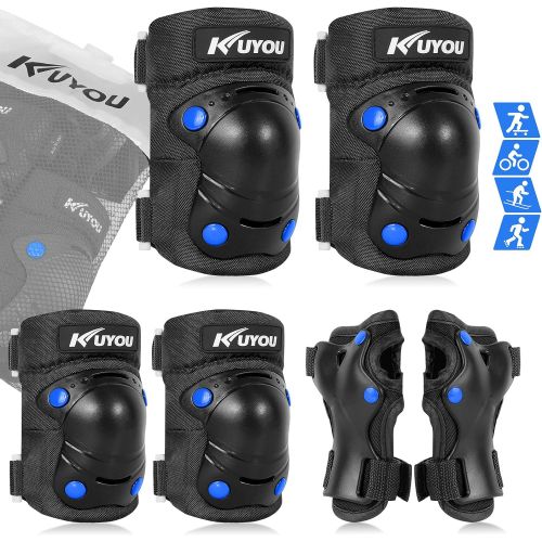  KUYOU Kids Protective Gear, Kids Youth Knee Pads Elbow Pads Wrist Guards 6 in 1 Adjustable Age 4-13 Safety Gear for Roller Skating Cycling Skateboard Bike Scooter Rollerblading