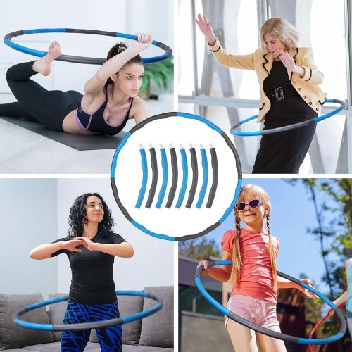  [아마존베스트]Kuyou fitness hula hoop for weight loss, hoop with foam weights, adjustable width 48-88 cm, weighted hula hoop for fitness (4 knot green + grey) with mini tape measure