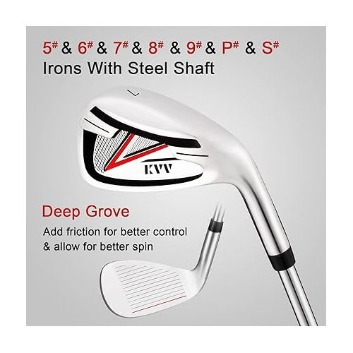  KVV Men’s Complete Golf Clubs Package Set Includes Driver, Fairway, Hybrid, 5#-P# Irons, Putter, Stand Bag, Head Covers, Right Handed