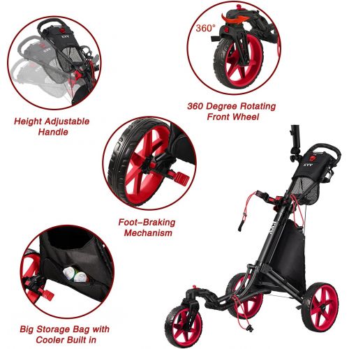  KVV 3 Wheel 360 Rotating Front Wheel Golf Push Cart Open and Close in ONE Second-Free Umbrella Holder Included