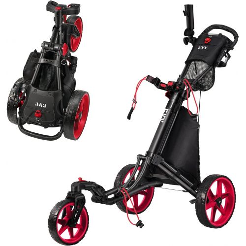  KVV 3 Wheel 360 Rotating Front Wheel Golf Push Cart Open and Close in ONE Second-Free Umbrella Holder Included