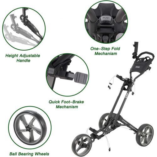  KVV 3 Wheel Foldable Golf Push Cart-with Foot Brake-One Step to Open and Close Cart Seat Attachable