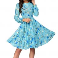 KYLEON Dress for Women A-Line Pocket 3/4 Sleeve Boho Floral Elegant Loose Party Casual Summer Midi Swing Dress with Belt