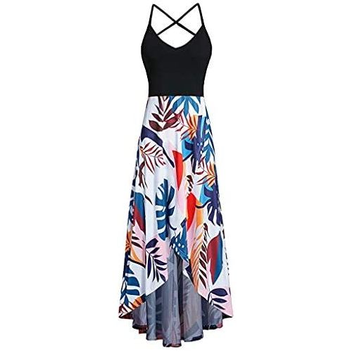  KYLEON Womens Dress Boho Floral V Neck Sleeveless Patchwork Summer Casual Beach Asymmetrical Maxi Sun Dresses Vintage