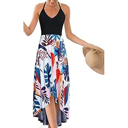  KYLEON Womens Dress Boho Floral V Neck Sleeveless Patchwork Summer Casual Beach Asymmetrical Maxi Sun Dresses Vintage