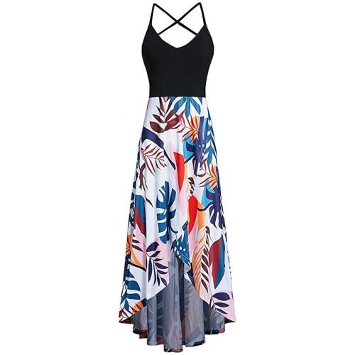  KYLEON Womens Dress Boho Floral V Neck Sleeveless Patchwork Summer Casual Beach Asymmetrical Maxi Sun Dresses Vintage