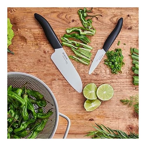  Kyocera Advanced Ceramics - Revolution Series 3-Piece Ceramic Knife Set: Includes 6-inch Chef's Knife; 5-inch Micro Serrated Knife; and 3-inch Paring Knife; Black Handles with White Blades