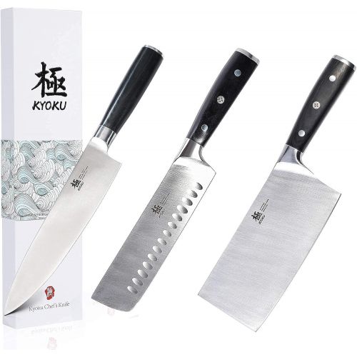  Kyoku Samurai Series 8 Chef Knife + 7 Nakiri Vegetable Knife + 7 Chinese Vegetable Cleaver - Full Tang - Japanese High Carbon Steel - Pakkawood Handle