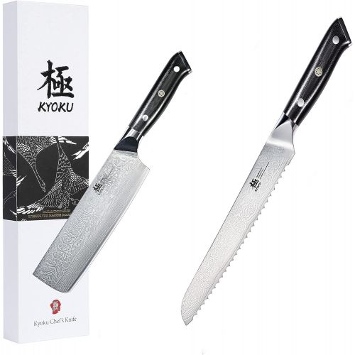  KYOKU 7 Nakiri Knife + 8 Serrated Bread Knife - Shogun Series - Japanese VG10 Steel Core Forged Damascus Blade