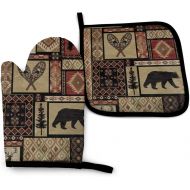 KZEMATLI Rustic Lodge Bear Moose Oven Mitts and Pot Holders Set Kitchen Gift Set for Kitchen Cooking Baking, BBQ