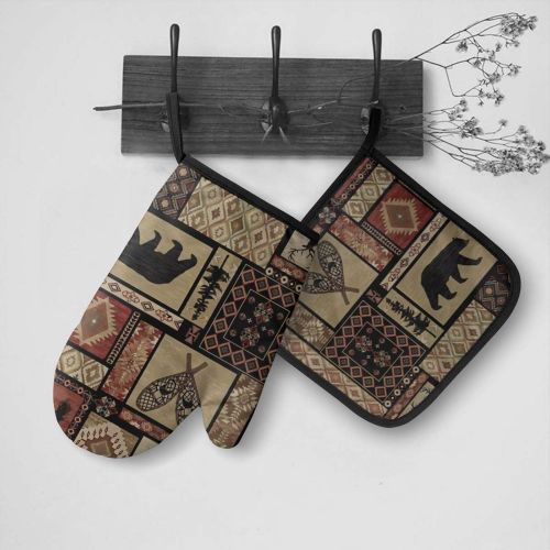  KZEMATLI Rustic Lodge Bear Moose Oven Mitts and Pot Holders Set Kitchen Gift Set for Kitchen Cooking Baking, BBQ