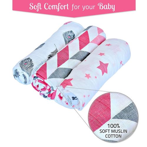 Kadut Kids Ultra Soft Midnight Magic Pink 3 Pack Muslin 100& Cotton Warm & Cozy Baby Blanket,Swaddle Blankets, receiving blanket, Large 47x47 In-For Infant Newborn-Perfect Baby Sh