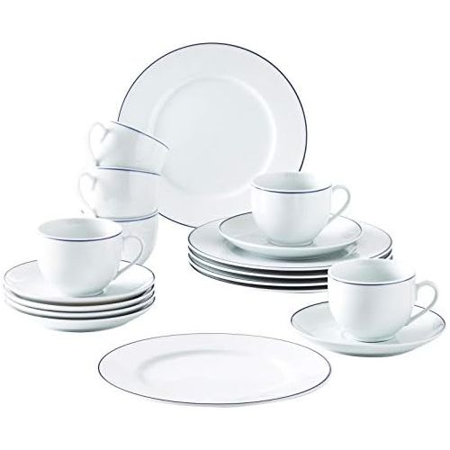  Kahla 050104O72045A Aronda Blaue Linie Porzellan Geschirrset fuer 6 Personen Kaffeeservice Teeservice Fruehstueck Tassen Teller 18-teilig weiss Kaffeeset