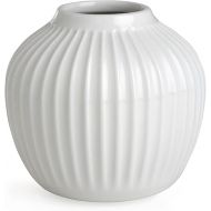 Hammershoi Porcelain Vase with Grooves, Modern Vase, Round, Bulbous, Scandinavian Design Vase for Flowers, White, 13 cm