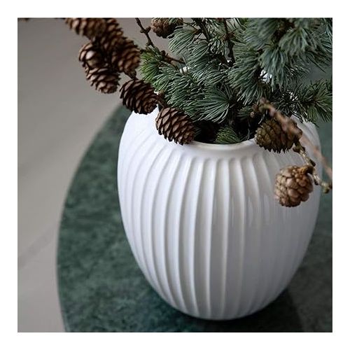  Kahler Hammershoi Porcelain Vase with Grooves, Modern Vase, Round, Bulbous, Scandinavian Design Vase for Flowers, White, 13 cm