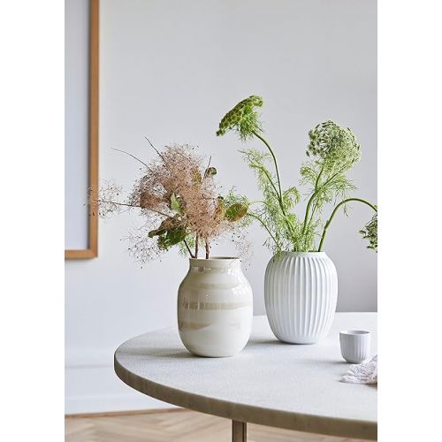 Kahler Hammershoi Porcelain Vase with Grooves, Modern Vase, Round, Bulbous, Scandinavian Design Vase for Flowers, White, 13 cm