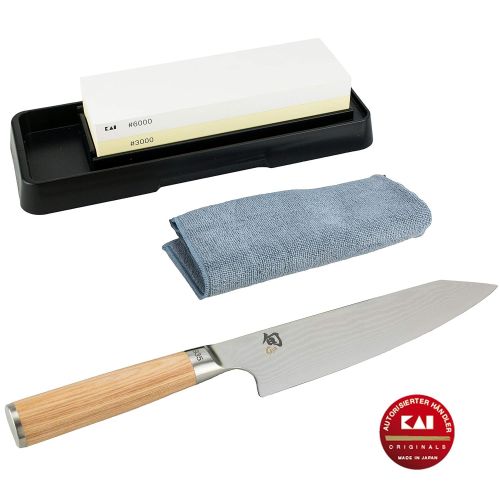  Kai Shun Kiritsuke | ultrascharfes Kochmesser aus 32-Lagen Damaststahl | limitiert auf 2222 Exemplare Schleifstein AP-0316+ Poliertuch