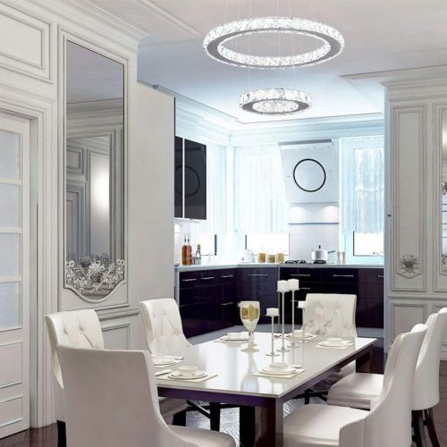  Kai KAI Crystal Chandelier Island Pendant Light Contemporary Not Dimmable LED Lamp with 6000K 36W 4320LM Adjustable Height Chrome 2 Rings Modern Flush Mount Ceiling Lighting for Dining