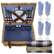 Kaidee36 Picnic Basket Wine Glasses Blanket Set w/Flatware Hamper Plates 4 Person Wicker