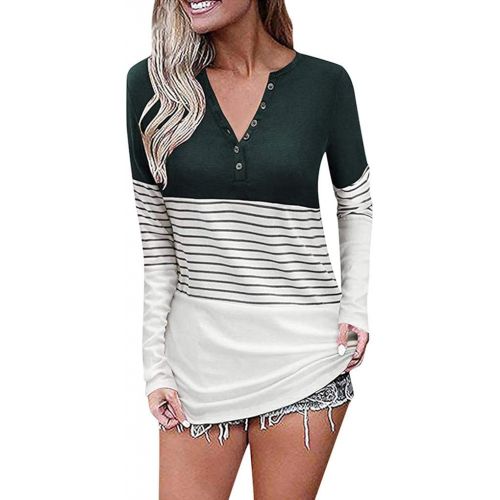  kaifongfu Womens Striped Blouse Long Sleeve V-Neck Button Tunic Tops Causal T Shirt