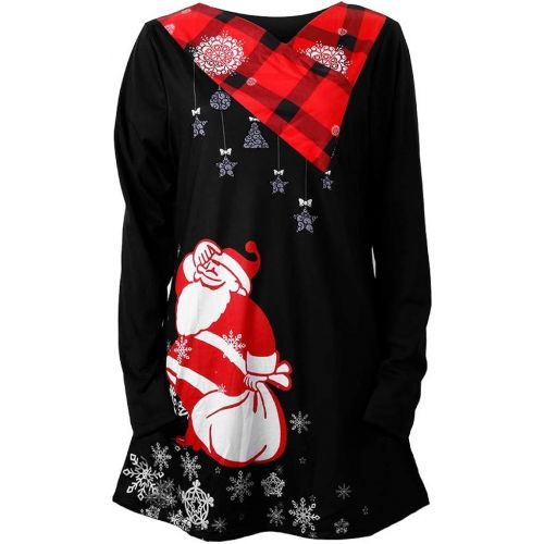  kaifongfu Women Plus Size Christmas Santa Claus Snowflake Print Long Sleeve Plaid Tunic Tops Blouse