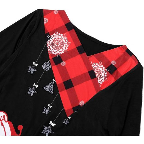  kaifongfu Women Plus Size Christmas Santa Claus Snowflake Print Long Sleeve Plaid Tunic Tops Blouse