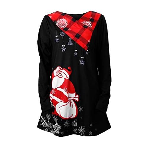  kaifongfu Women Plus Size Christmas Santa Claus Snowflake Print Long Sleeve Plaid Tunic Tops Blouse