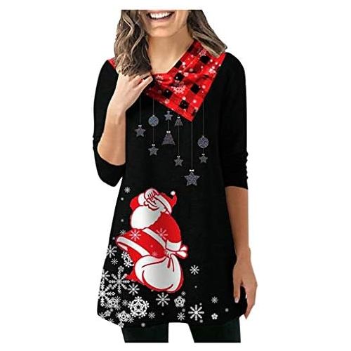  kaifongfu Women Plus Size Christmas Santa Claus Snowflake Print Long Sleeve Plaid Tunic Tops Blouse