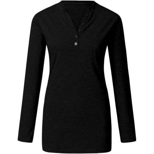  kaifongfu Women Slim Fit Button Tops Long Sleeve V-Neck Solid Color Blouse Henly T-Shirt