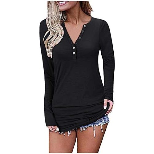  kaifongfu Women Slim Fit Button Tops Long Sleeve V-Neck Solid Color Blouse Henly T-Shirt