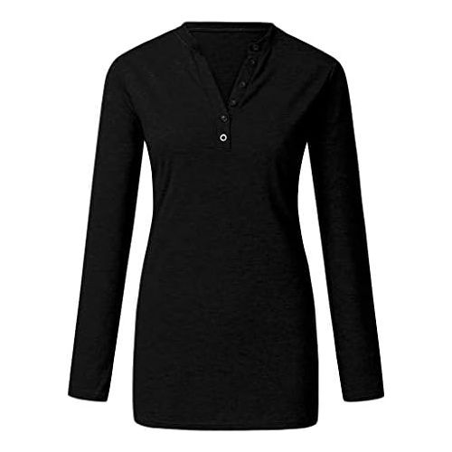  kaifongfu Women Slim Fit Button Tops Long Sleeve V-Neck Solid Color Blouse Henly T-Shirt