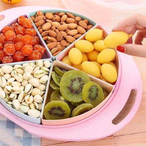  Kaimaily Snack Serving Tray, Sectioned Serving Round Platters, Fruit Dessert Dried Fruits Nuts Candy Plate with Removable Sealed Compartment, Pink