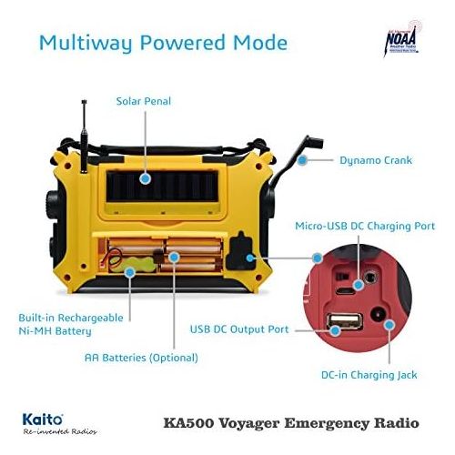  [아마존베스트]Kaito KA500 5-way Powered Solar Power,Dynamo Crank, Wind Up Emergency AM/FM/SW/NOAA Weather Alert Radio with Flashlight,Reading Lamp and Cellphone Charger, Yellow