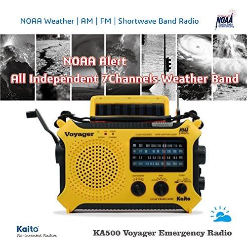  [아마존베스트]Kaito KA500 5-way Powered Solar Power,Dynamo Crank, Wind Up Emergency AM/FM/SW/NOAA Weather Alert Radio with Flashlight,Reading Lamp and Cellphone Charger, Yellow