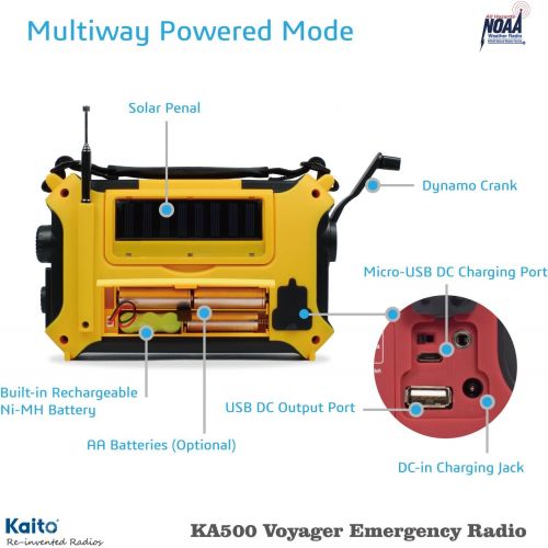  [아마존베스트]Kaito KA500 5-way Powered Solar Power,Dynamo Crank, Wind Up Emergency AM/FM/SW/NOAA Weather Alert Radio with Flashlight,Reading Lamp and Cellphone Charger, Yellow