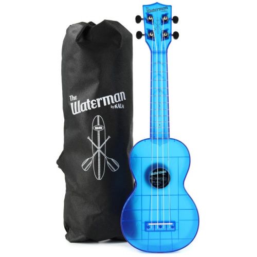  Kala Waterman Seaglass Collection Soprano Ukulele Essentials Bundle - Transparent Cobalt Blue