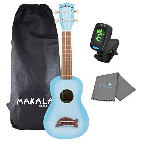  Kala Light Blue Burst Dolphin Makala Soprano Ukulele - MK-SD/LBLBURST Bundle with a Kala Tuner and Lumintrail Polishing Cloth