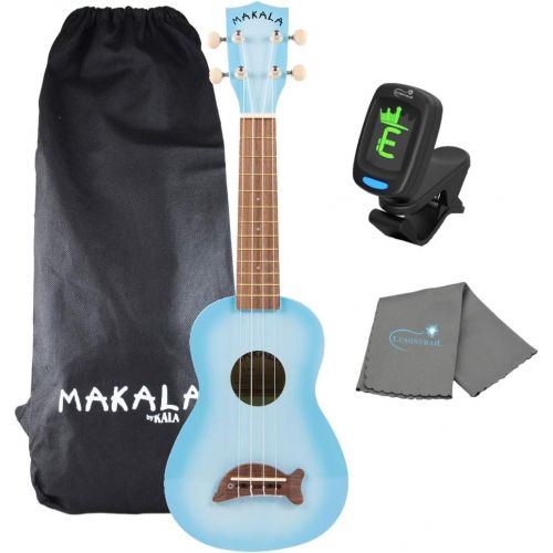  Kala Light Blue Burst Dolphin Makala Soprano Ukulele - MK-SD/LBLBURST Bundle with a Kala Tuner and Lumintrail Polishing Cloth