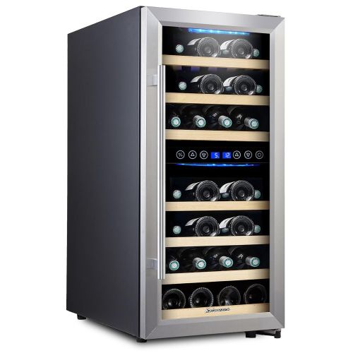  Kalamera KRC-33BSS Kompressor Weinkuehlschrank, 100 Liter, 33 Flaschen (bis zu 310 mm Hoehe), 2 Zonen 5-10°C/10-18°C, 7 Holz-Einschuebe, LED-Display, Edelstahl Glastuer