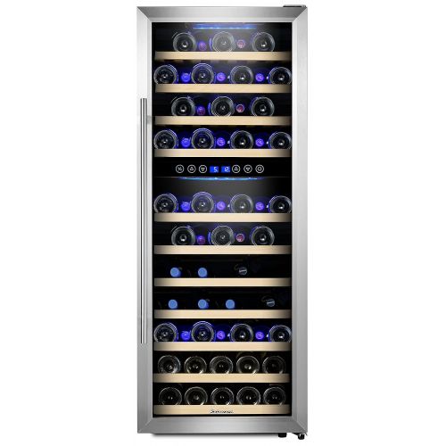  Kalamera KRC-33BSS Kompressor Weinkuehlschrank, 100 Liter, 33 Flaschen (bis zu 310 mm Hoehe), 2 Zonen 5-10°C/10-18°C, 7 Holz-Einschuebe, LED-Display, Edelstahl Glastuer