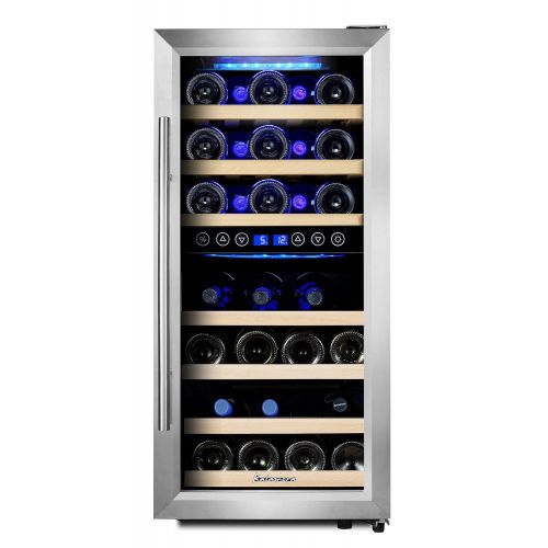  Kalamera KRC-33BSS Kompressor Weinkuehlschrank, 100 Liter, 33 Flaschen (bis zu 310 mm Hoehe), 2 Zonen 5-10°C/10-18°C, 7 Holz-Einschuebe, LED-Display, Edelstahl Glastuer