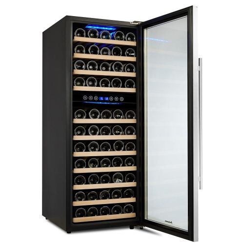  Kalamera KRC-33BSS Kompressor Weinkuehlschrank, 100 Liter, 33 Flaschen (bis zu 310 mm Hoehe), 2 Zonen 5-10°C/10-18°C, 7 Holz-Einschuebe, LED-Display, Edelstahl Glastuer