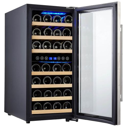  Kalamera KRC-33BSS Kompressor Weinkuehlschrank, 100 Liter, 33 Flaschen (bis zu 310 mm Hoehe), 2 Zonen 5-10°C/10-18°C, 7 Holz-Einschuebe, LED-Display, Edelstahl Glastuer