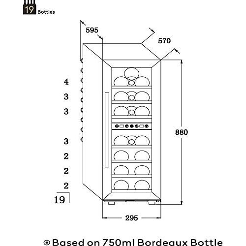  Kalamera 75BSS Weinkuehlschrank  Kompressionskuehler  2 Zonen  Volumen: 65 Liter  19 Flaschen  Kuehltemperatur: 5-18 °C /10-18 °C  7 x Holzeinschub