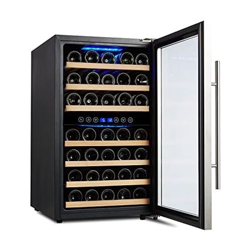  Kalamera KRC-45BSS Kompressor Weinkuehlschrank, 120 Liter, 45 Flaschen (bis zu 310 mm Hoehe), 2 Zonen 5-10°C/10-18°C, 7 Holz-Einschuebe, LED-Display, Edelstahl Glastuer