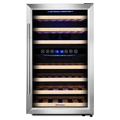  Kalamera KRC-45BSS Kompressor Weinkuehlschrank, 120 Liter, 45 Flaschen (bis zu 310 mm Hoehe), 2 Zonen 5-10°C/10-18°C, 7 Holz-Einschuebe, LED-Display, Edelstahl Glastuer