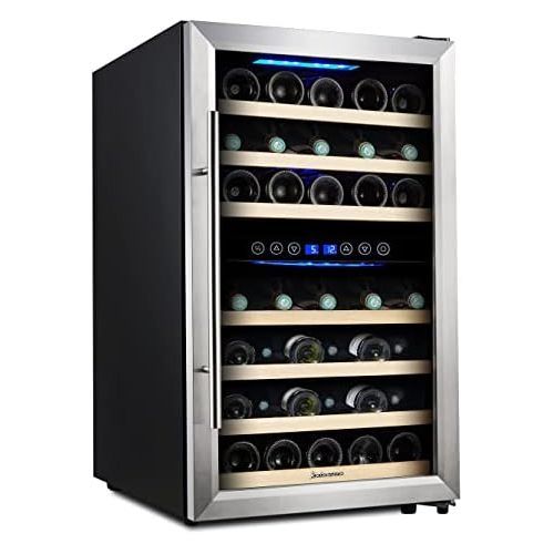  Kalamera KRC-45BSS Kompressor Weinkuehlschrank, 120 Liter, 45 Flaschen (bis zu 310 mm Hoehe), 2 Zonen 5-10°C/10-18°C, 7 Holz-Einschuebe, LED-Display, Edelstahl Glastuer