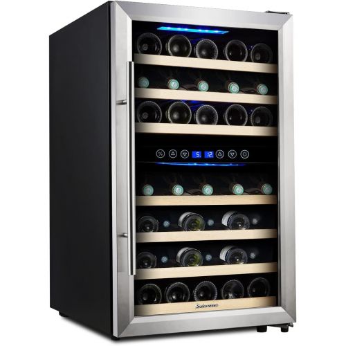  Kalamera KRC-45BSS Kompressor Weinkuehlschrank, 120 Liter, 45 Flaschen (bis zu 310 mm Hoehe), 2 Zonen 5-10°C/10-18°C, 7 Holz-Einschuebe, LED-Display, Edelstahl Glastuer