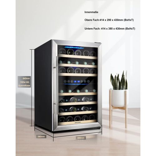  Kalamera KRC-45BSS Kompressor Weinkuehlschrank, 120 Liter, 45 Flaschen (bis zu 310 mm Hoehe), 2 Zonen 5-10°C/10-18°C, 7 Holz-Einschuebe, LED-Display, Edelstahl Glastuer